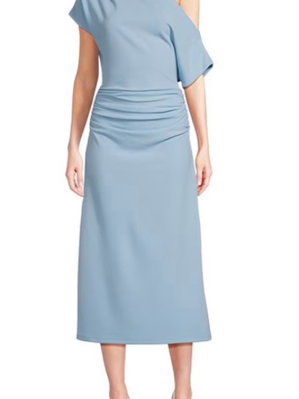 Gibson Latimer Pale Blue Crepe Knit Off the Shoulder Ruched Sheath Midi Dress